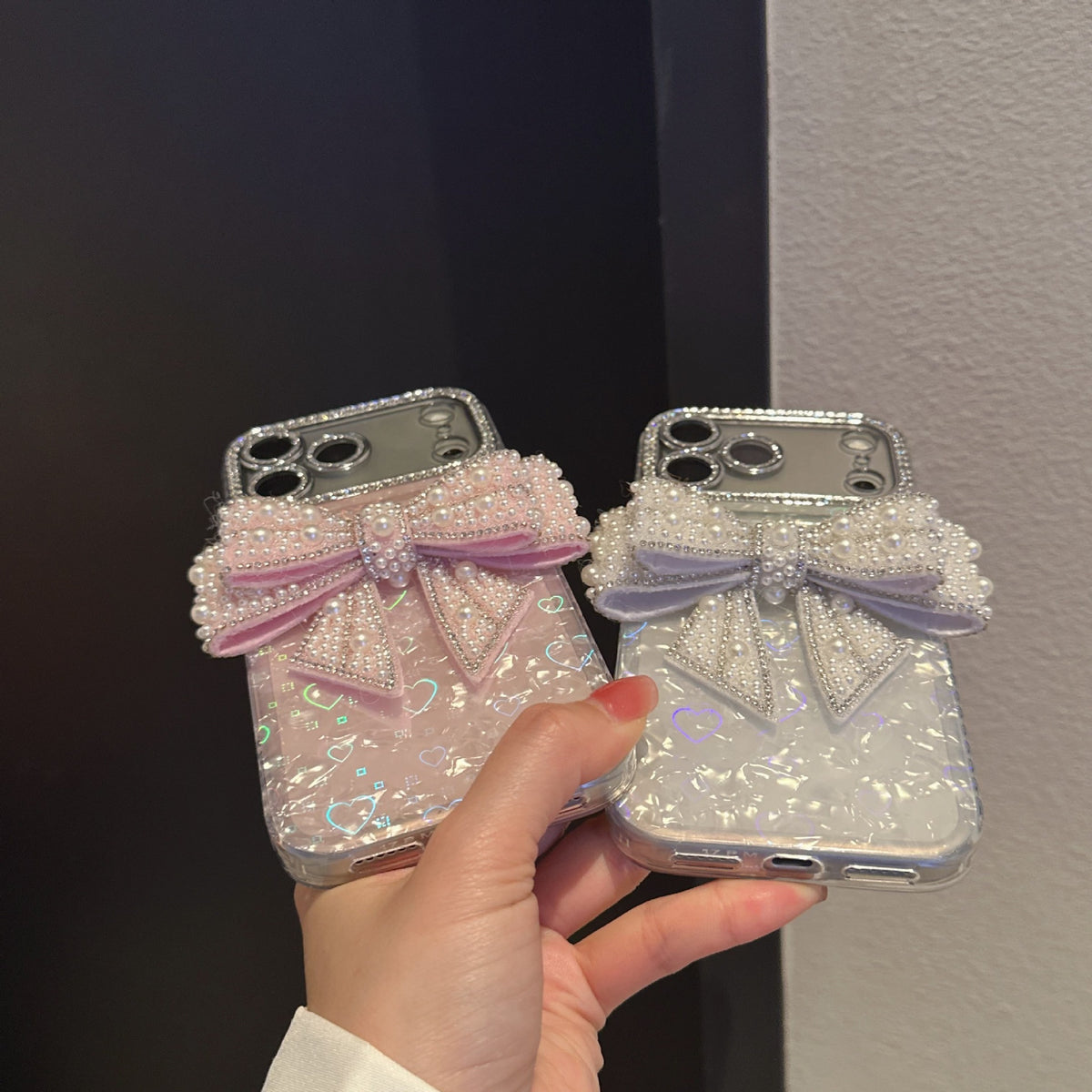 3D Pearl Bowknot Diamond iPhone Case – Luxury Lens Frame Cover - cheekycase
