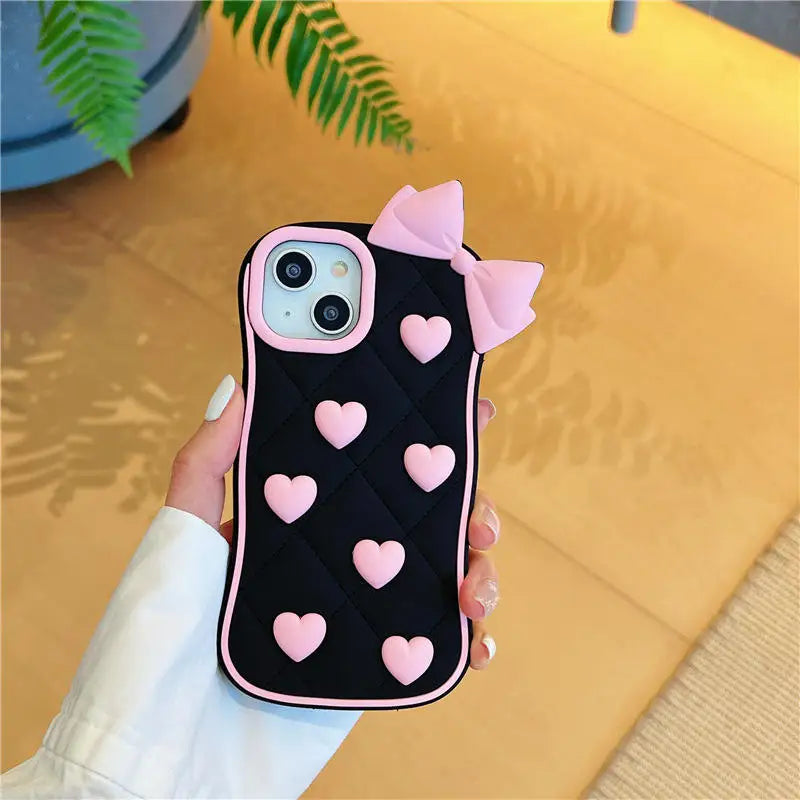 Black 3D Heart Bow iPhone Case – Cute Shockproof Protective Cover - cheekycase