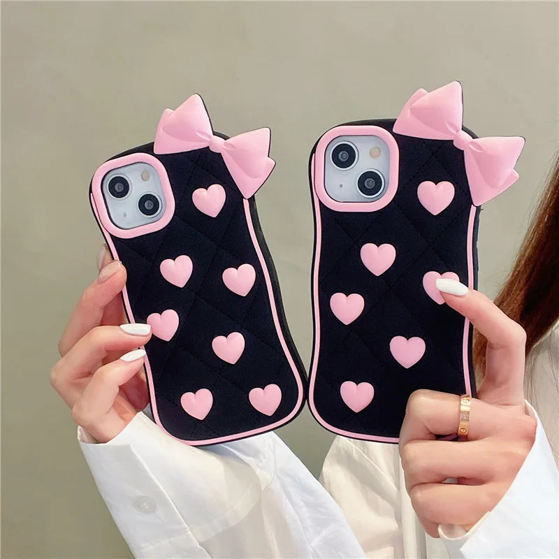 Black 3D Heart Bow iPhone Case – Cute Shockproof Protective Cover - cheekycase