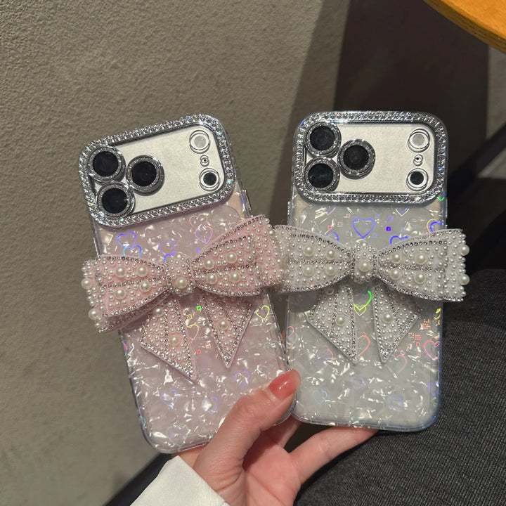 3D Pearl Bowknot Diamond iPhone Case – Luxury Lens Frame Cover - cheekycase