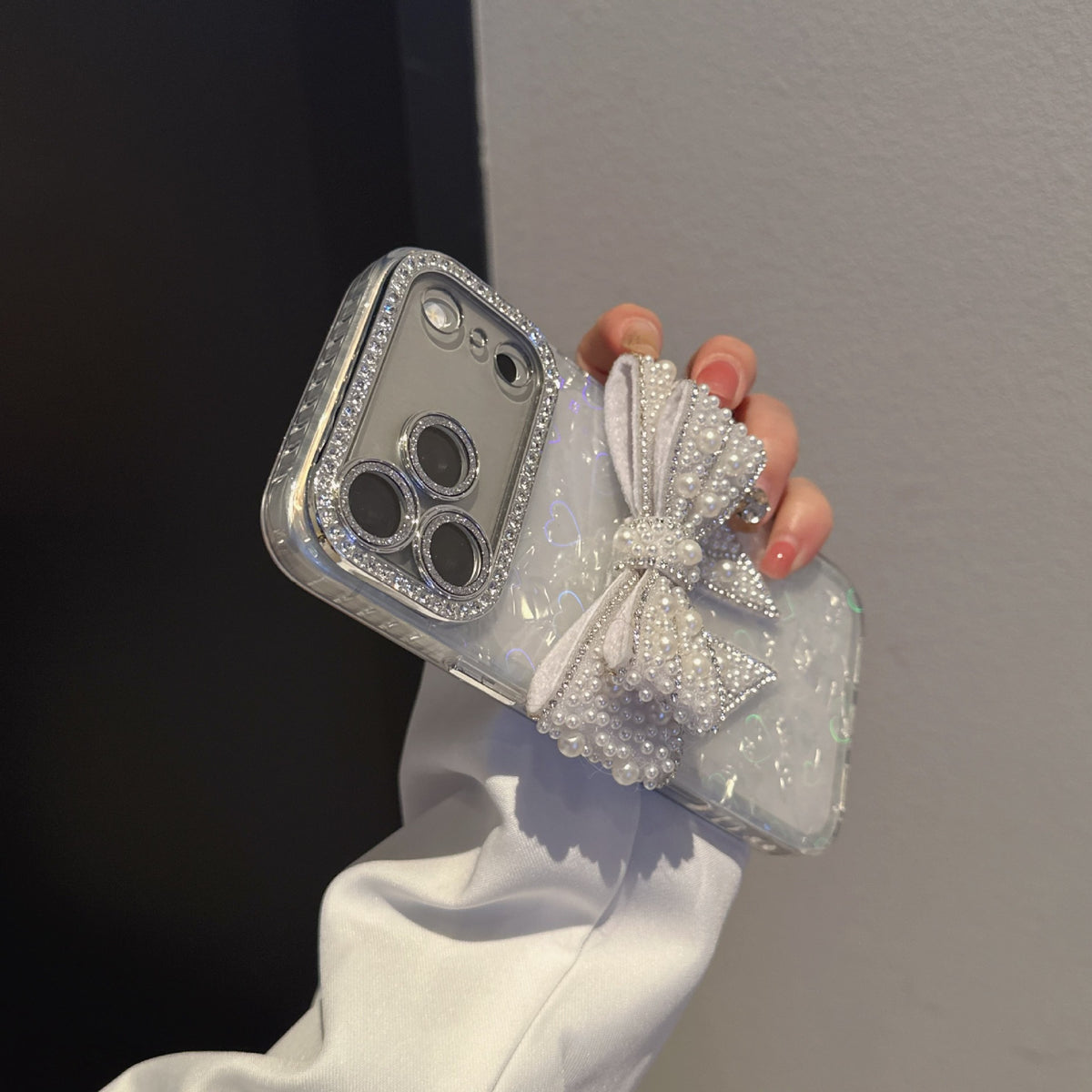 3D Pearl Bowknot Diamond iPhone Case – Luxury Lens Frame Cover - cheekycase