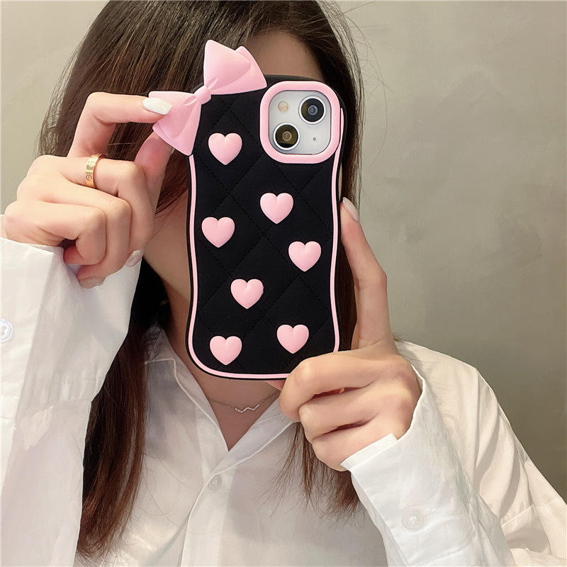 Black 3D Heart Bow iPhone Case – Cute Shockproof Protective Cover - cheekycase