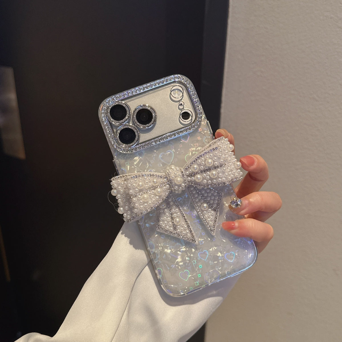 3D Pearl Bowknot Diamond iPhone Case – Luxury Lens Frame Cover - cheekycase