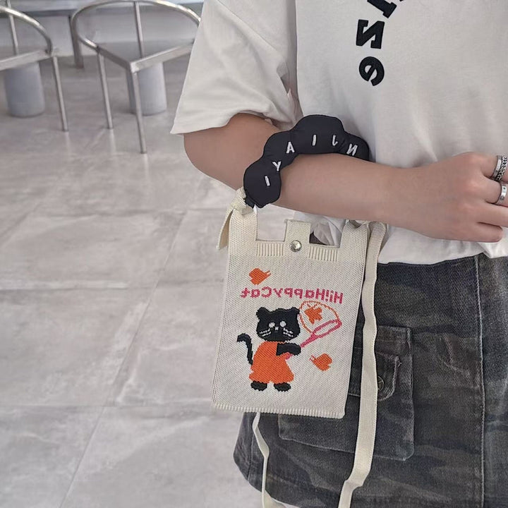 Whiskers Black Cat Knit Cloud Handle Phone Bag
