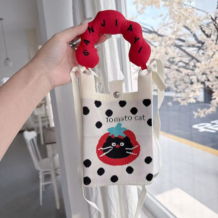Tomato Cat Knit Cloud Handle Phone Bag